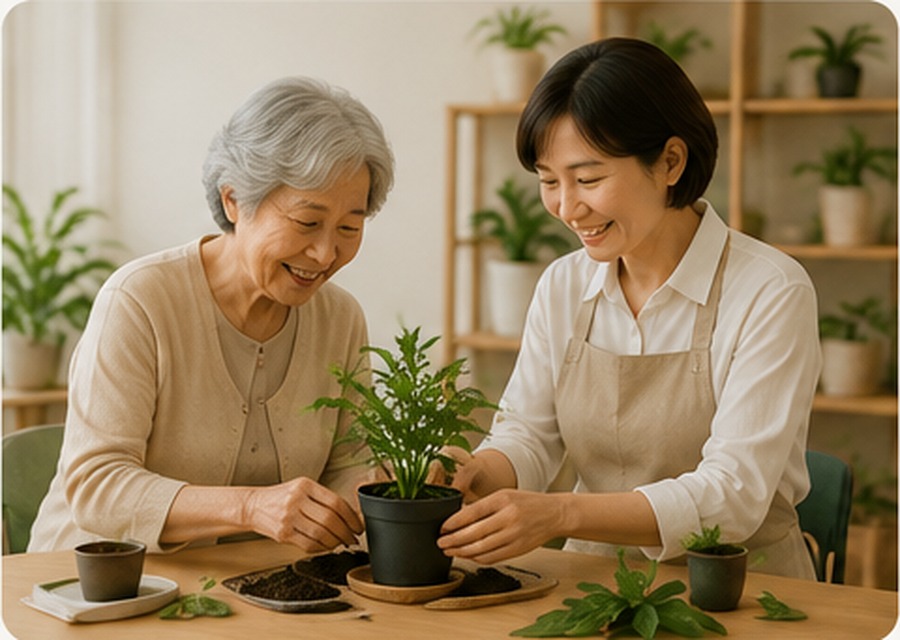 시니어들이 함께 화분을 심는 모습